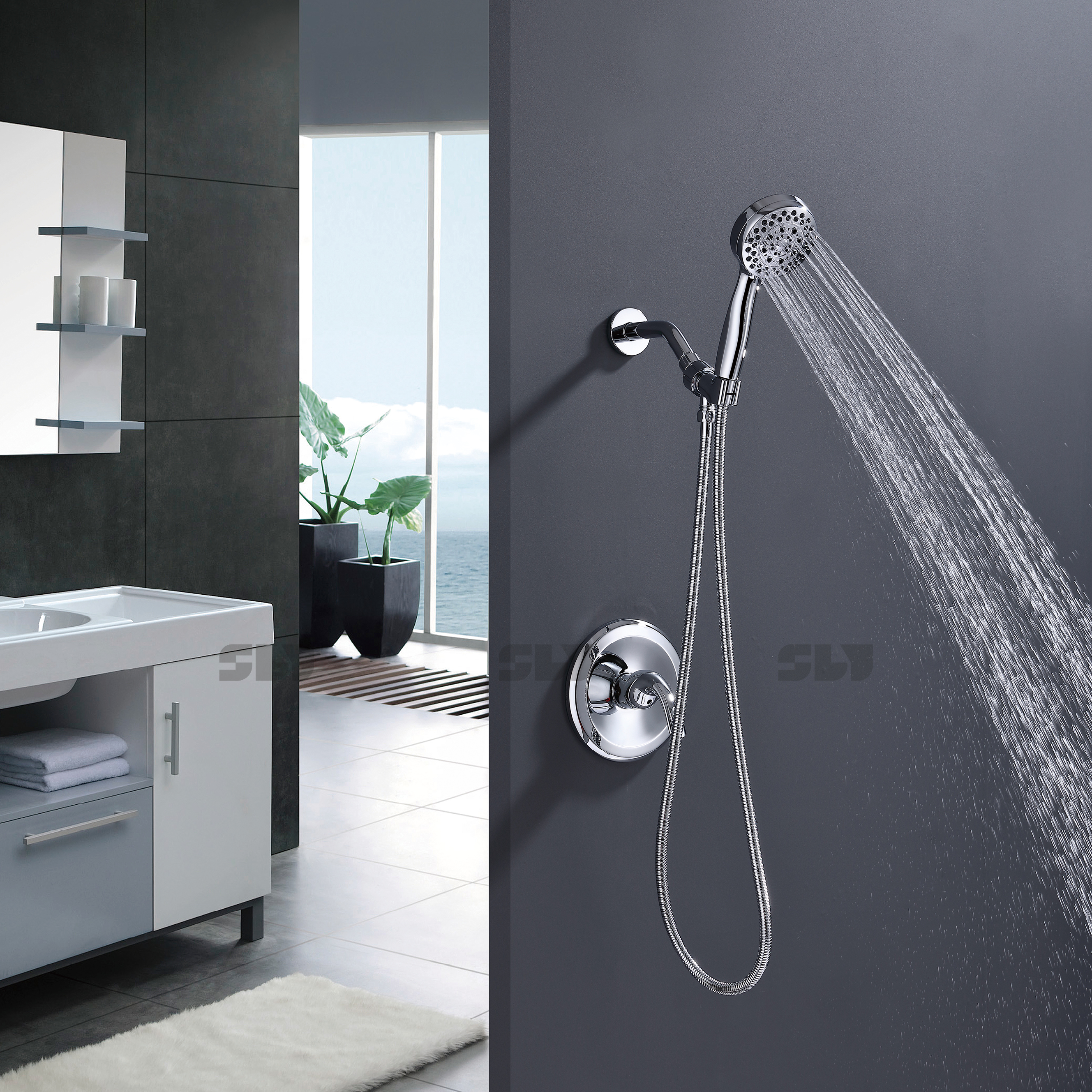 SLY 拉丝金色淋浴头组合黄铜淋浴